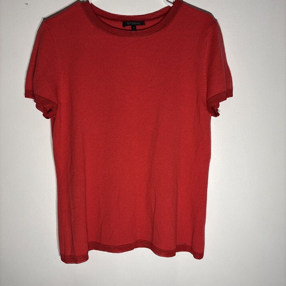 St. John Ribbed Knit Slim Fitted Short Sleeve  Top Red sz M Cashmere